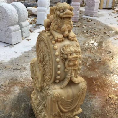 天然石材浮雕小狮子门墩镇宅招财做旧石雕门墩
