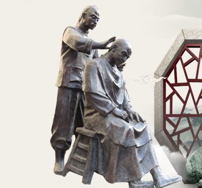 城市广场玻璃钢剃头理发的古代人物博鱼网页版