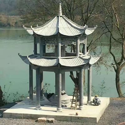 景区湖边摆放青石仿古建筑中式双层凉亭
