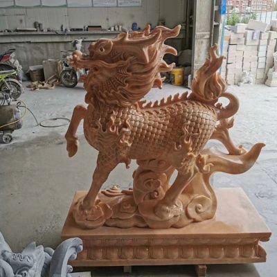 晚霞红石雕园林浮雕庭院镇宅招财麒麟摆件