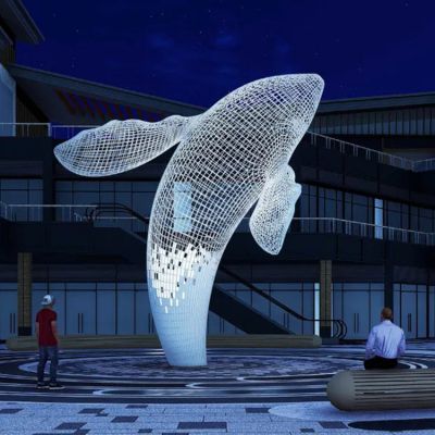 商业街广场水池喷泉摆放大型不锈钢镂空鲸鱼博鱼网页版