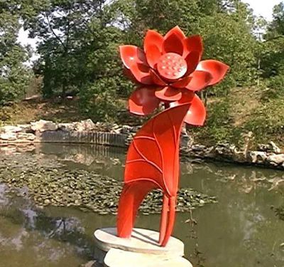 池塘边不锈钢城市艺术红色荷花博鱼网页版