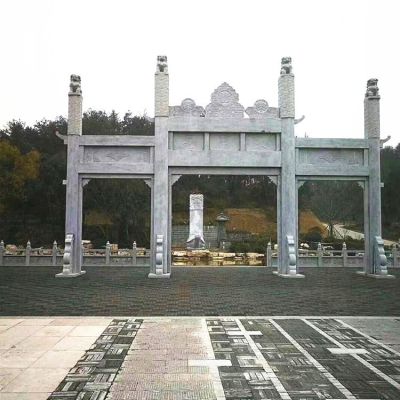 青石仿古建 祠堂村口雕刻简约三门楼摆件