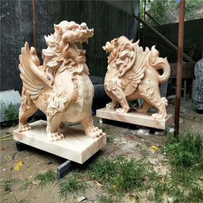 晚霞红大理石石雕户外园林景观麒麟博鱼网页版