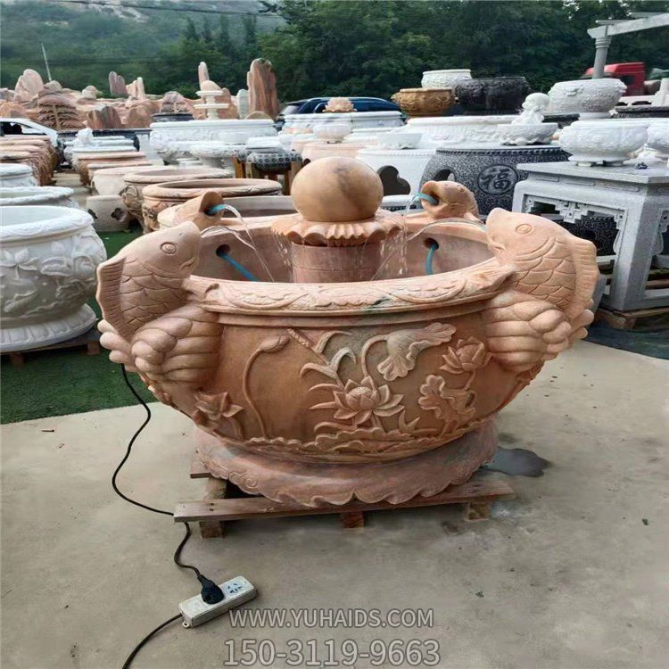天然石材晚霞红浮雕荷花鲤鱼喷水风水珠水缸博鱼网页版