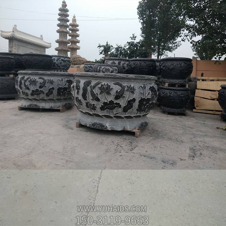 庭院流水鱼缸 荷花缸 青石仿古圆缸摆件博鱼网页版