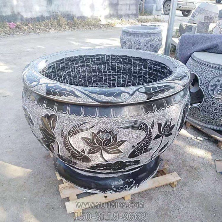 大型仿古青石浮雕双鱼莲花水缸博鱼网页版