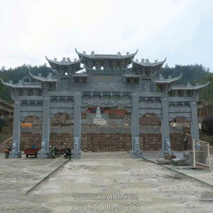 青石仿古建筑寺庙大门摆放五门石牌坊博鱼网页版