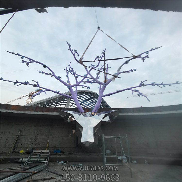 大型不锈钢切面树枝鹿头城市街道装饰摆件博鱼网页版