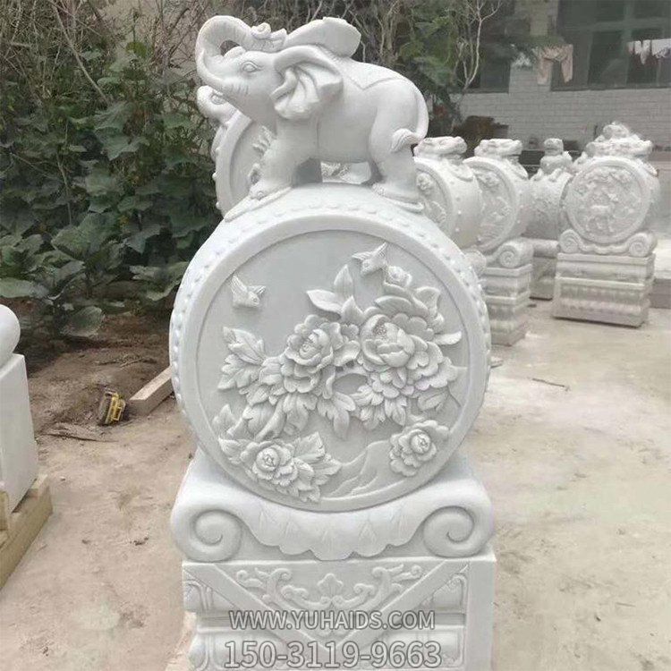 石雕汉白玉优质石材浮雕庭院门口小象抱鼓石摆件博鱼网页版