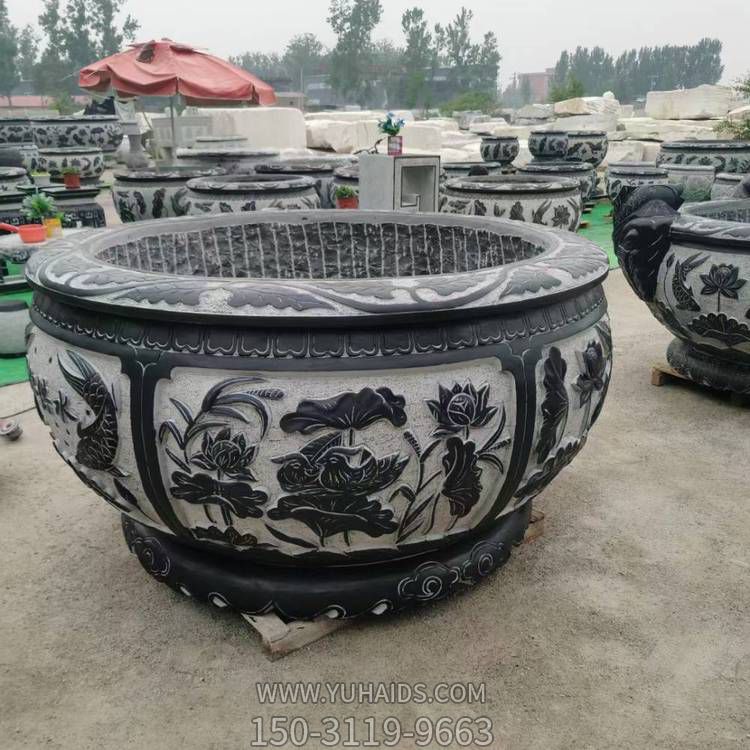 天然石材青石雕刻仿古荷花鱼圆缸 中式石盆博鱼网页版