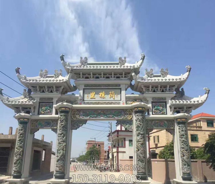 村庄大型喷漆三门五楼牌坊石雕博鱼网页版