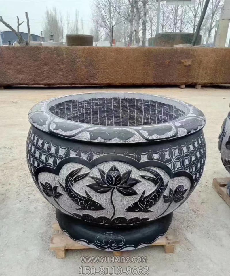 青石仿古石雕浮雕荷花鲤鱼水缸博鱼网页版