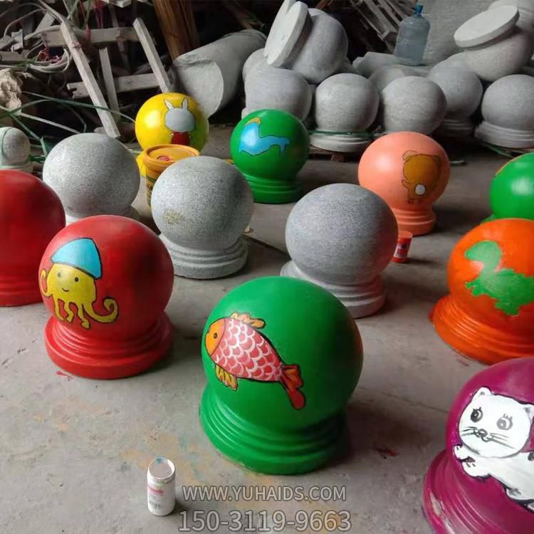 天然花岗岩雕刻挡车石球幼儿园门前摆放彩绘卡通石墩博鱼网页版