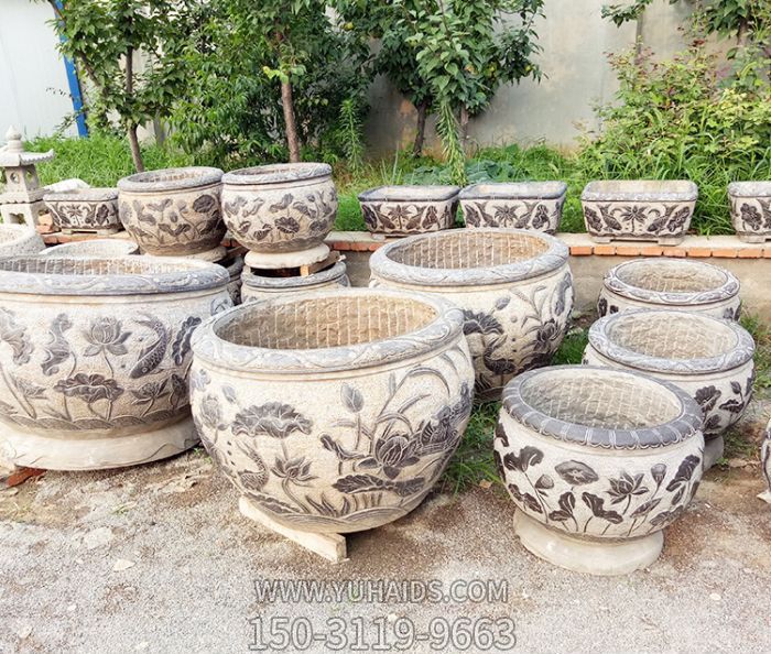 仿古荷花鲤鱼大理石石雕浮雕水缸博鱼网页版
