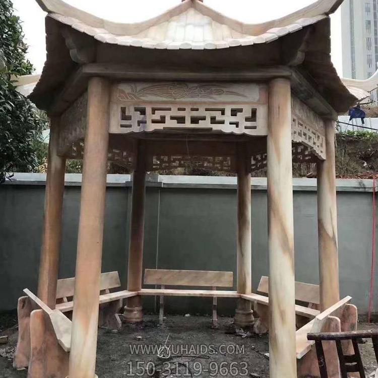 石亭天然晚霞红雕刻中式庭院六角复古休闲凉亭博鱼网页版