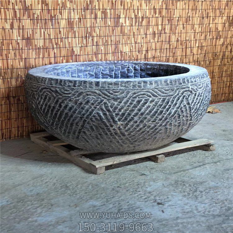 天然青石雕刻花纹圆钵  庭院养鱼水缸花盆摆件·博鱼网页版