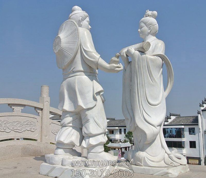花园广场摆放汉白玉古代人物牛郎织女石雕博鱼网页版