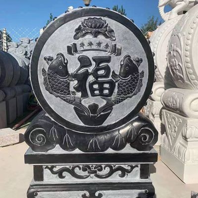 青石做旧浮雕年年有余庭院中式抱鼓石