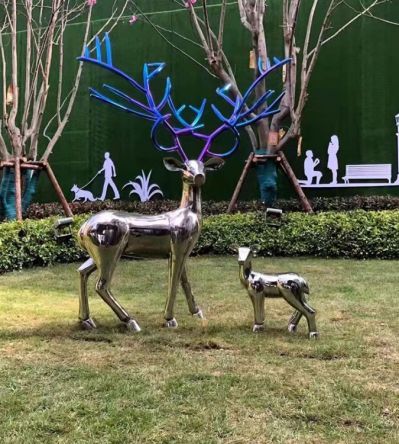 不锈钢镜面梅花鹿现代简约庭院园林景观 摆件