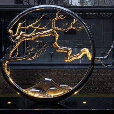 酒店会所不锈钢创意园林树枝圆环摆件