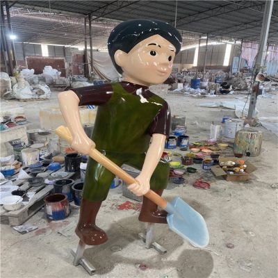 玻璃钢卡通干活人物博鱼网页版，手持铁锹干活的工人