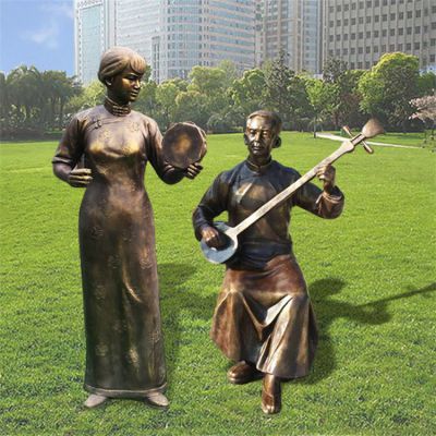 玻璃钢仿铜弹唱演奏卖艺人物民俗小品