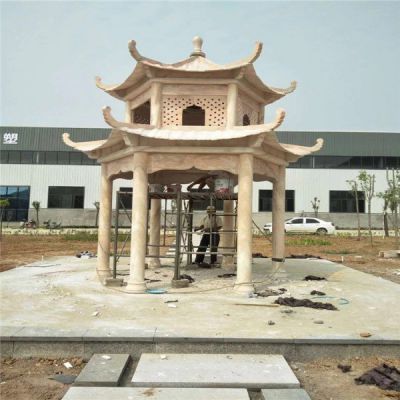 公园广场景观晚霞红石凉亭长廊