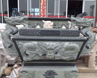 仿古青石双龙方形平口寺庙香炉摆件