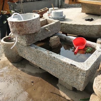 古建筑老石槽老石磨改装创意流水鱼缸流水景观石雕