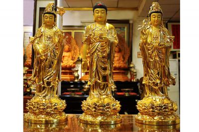 三圣博鱼网页版-寺庙不锈钢仿铜喷金烤漆供奉三圣博鱼网页版