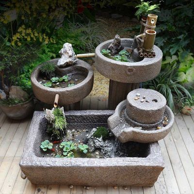 老旧石槽鱼缸石头鱼池水缸养鱼花盆户外庭院石磨青石流水景观