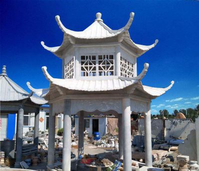 湖边景区摆放大理石双层镂空休息凉亭博鱼网页版