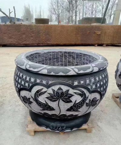 青石仿古石雕浮雕荷花鲤鱼水缸博鱼网页版