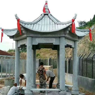 庭院户外安装青石仿古建筑六角休息凉亭