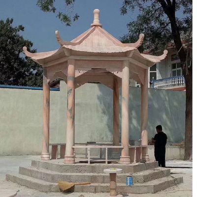 中式园林摆放晚霞红六角休闲凉亭