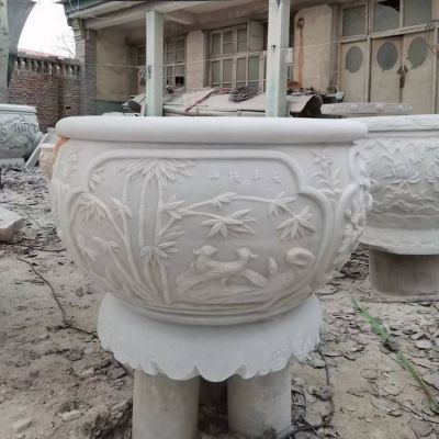 汉白玉浮雕竹子图案仿古圆形水缸