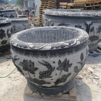 天然青石浮雕荷花养鱼水缸庭院别墅户外摆件