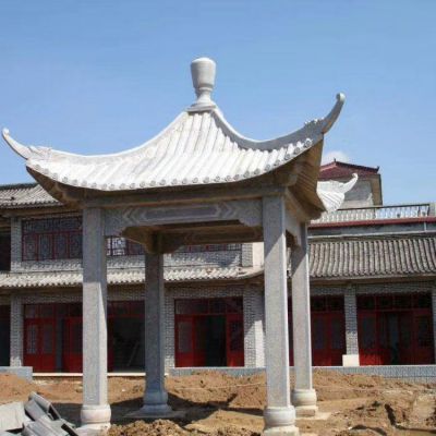 别墅园林晚霞红石雕古建长廊石凉亭
