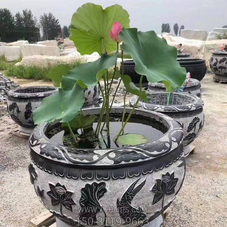 石雕荷花鱼缸花盆圆形青石庭院仿古石槽博鱼网页版