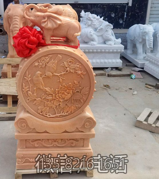 晚霞红大理石大象抱鼓石门墩摆件