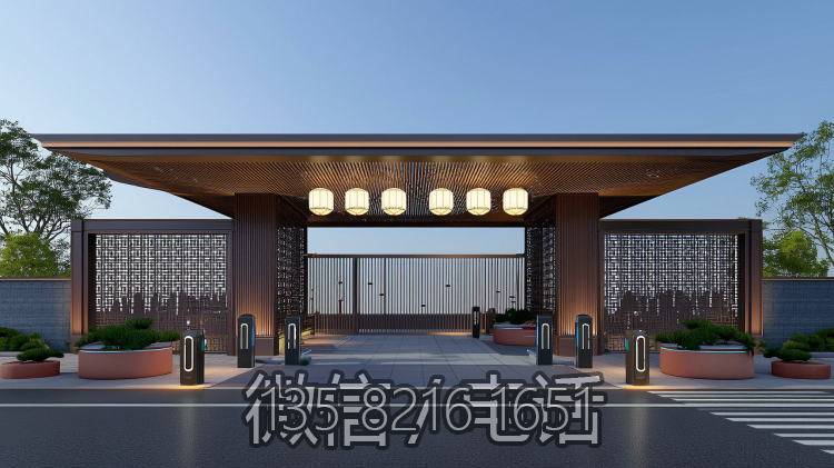 小区中式不锈钢大门门头造型