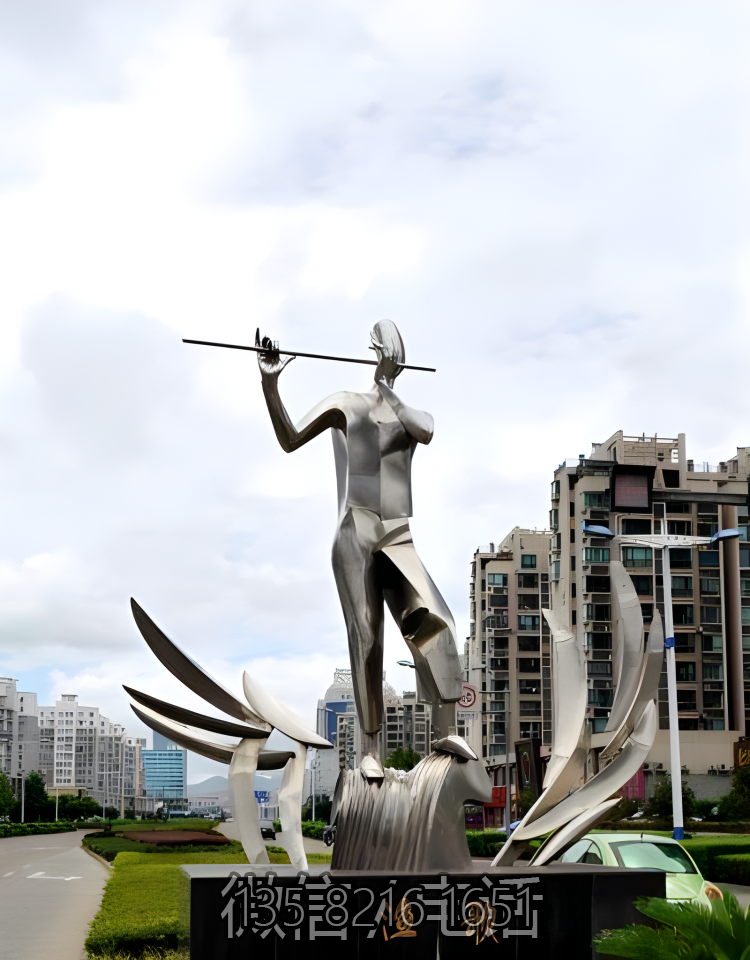 广场大型创意不锈钢吹笛子的人物博鱼网页版