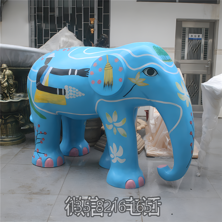 游乐园美陈落地摆件玻璃钢树脂蓝色涂鸦大象装饰博鱼网页版