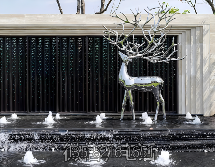 酒店会所水景喷泉装饰摆件不锈钢镜面动物梅花鹿博鱼网页版
