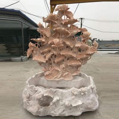 莲花荷花池晚霞红石雕流水养鱼池景观石雕