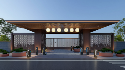 小区中式不锈钢大门门头造型