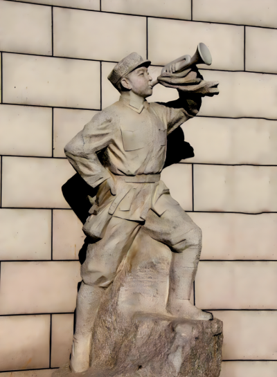 户外街道石雕吹军号的八路军人物博鱼网页版