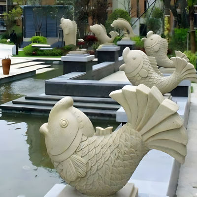 小区别墅大理石石雕水景摆件海洋动物喷水鱼装饰博鱼网页版