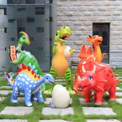 步行街美陈装饰景观摆件玻璃钢卡通恐龙组合小品摆件